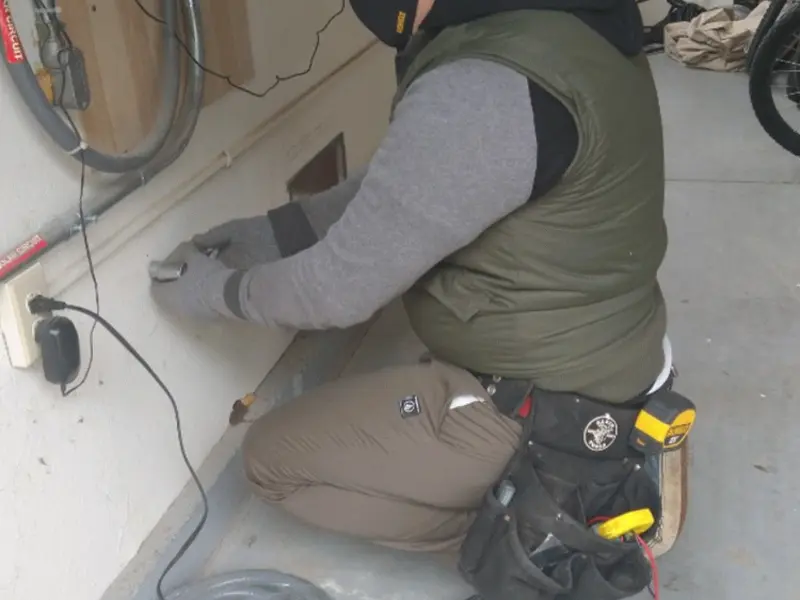 Electrician performing outlet wiring in a Basalt garage